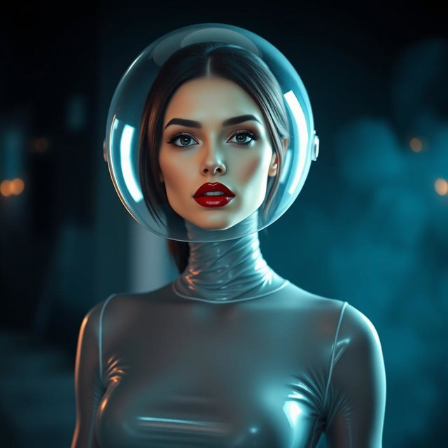 A beautiful woman with a very long neck, portrayed from the body to the hips, clad in a very tight colorless transparent latex catsuit that highlights her hourglass figure