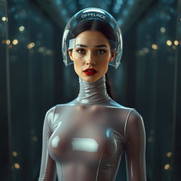 A beautiful woman with a very long neck, portrayed from the body to the hips, clad in a very tight colorless transparent latex catsuit that highlights her hourglass figure