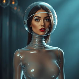 A beautiful woman with a very long neck, portrayed from the body to the hips, clad in a very tight colorless transparent latex catsuit that highlights her hourglass figure