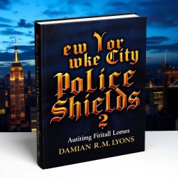 A striking book cover for "New York City Police Shields" featuring the title in an ornate Gothic font that commands attention