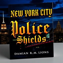 A striking book cover for "New York City Police Shields" featuring the title in an ornate Gothic font that commands attention