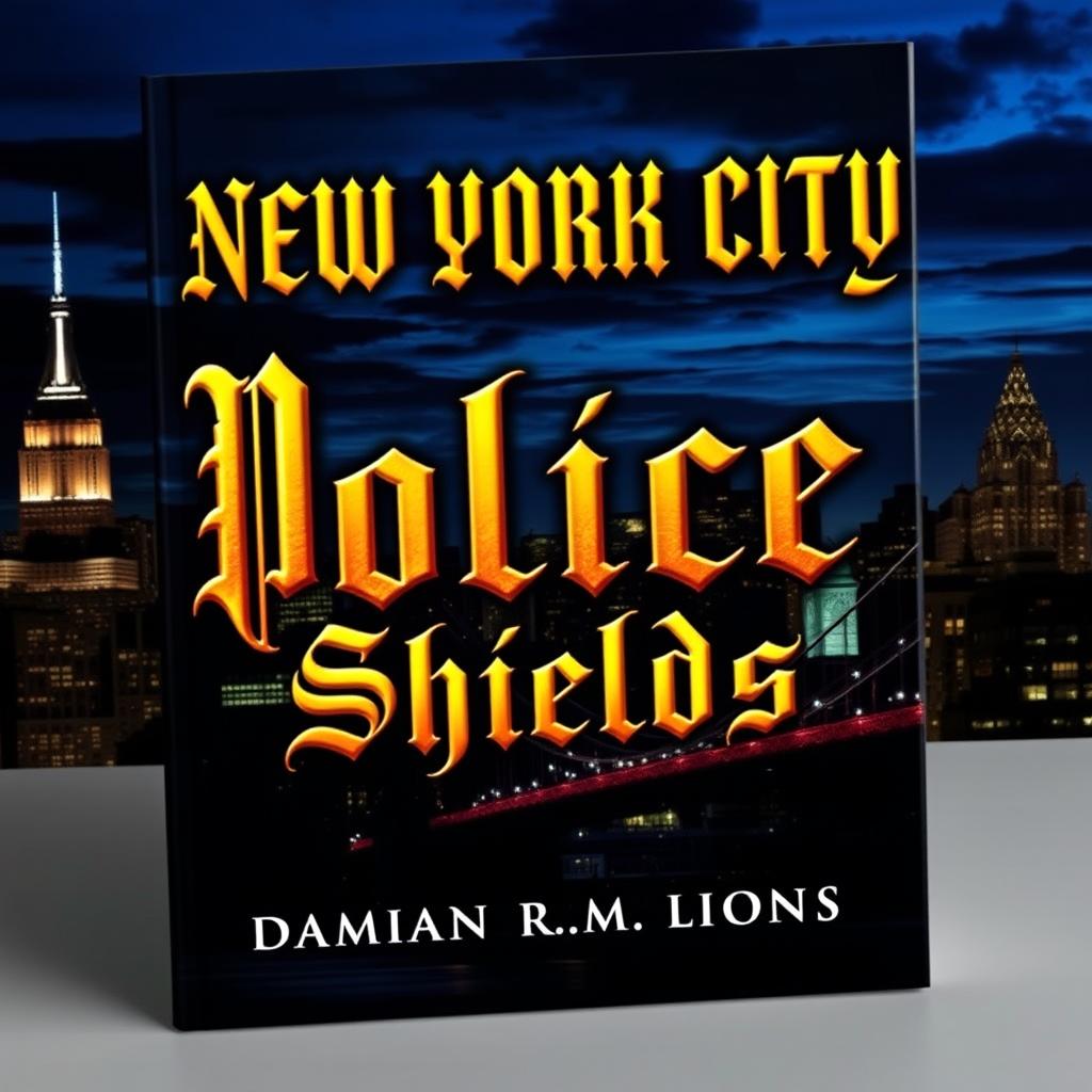 A striking book cover for "New York City Police Shields" featuring the title in an ornate Gothic font that commands attention