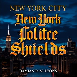 A striking book cover for "New York City Police Shields" featuring the title in an ornate Gothic font that commands attention