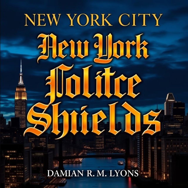 A striking book cover for "New York City Police Shields" featuring the title in an ornate Gothic font that commands attention