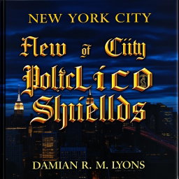 A striking book cover for "New York City Police Shields" featuring the title in an ornate Gothic font that commands attention
