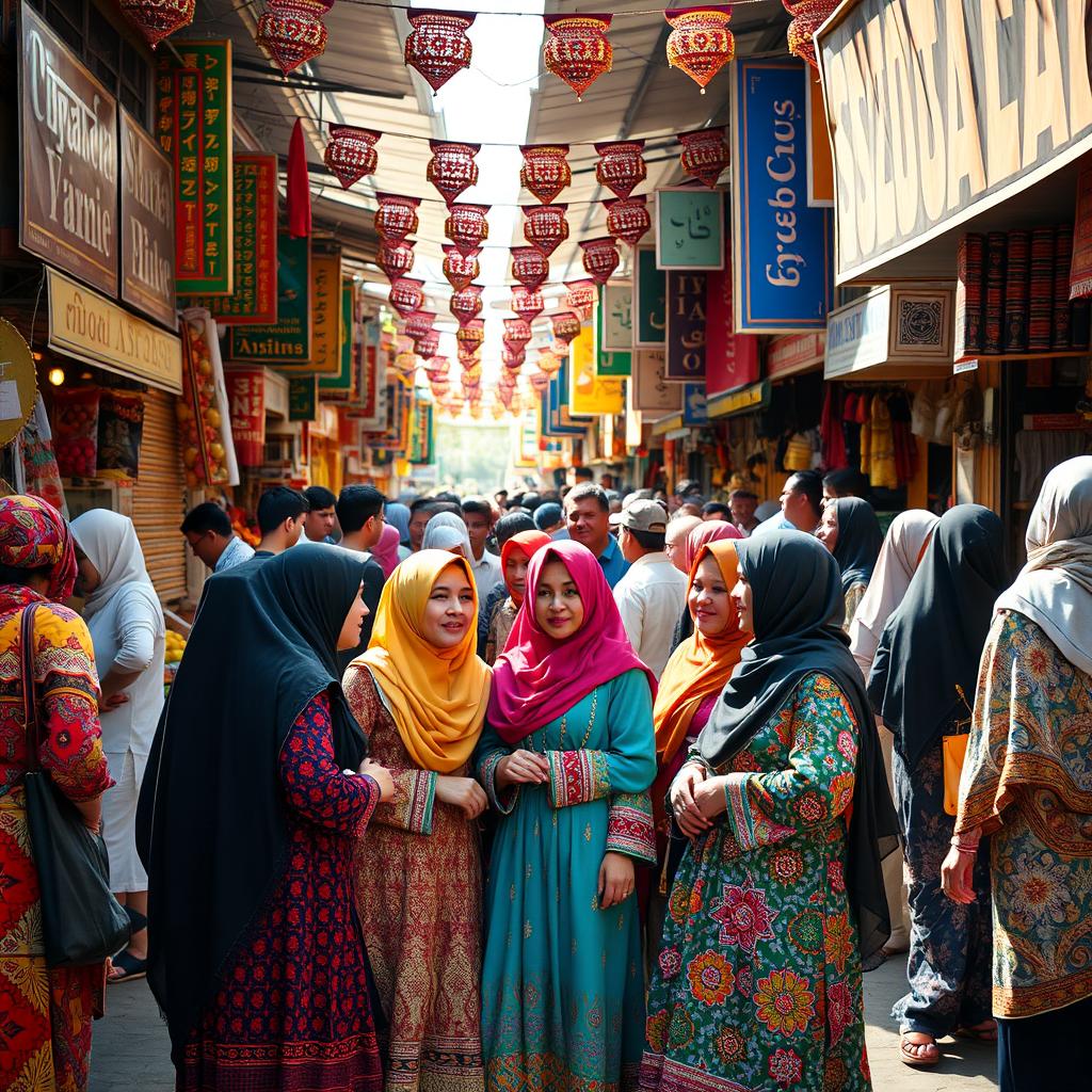 A lively street market scene with a diverse group of people bustling about