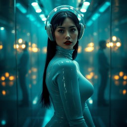 A beautiful woman with a very very long neck, portrayed from the body to the hips, dressed in a very tight colorless glossy latex catsuit that accentuates her slim hips and hourglass figure