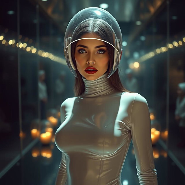 A beautiful woman with a very very long neck, portrayed from the body to the hips, dressed in a very tight colorless glossy latex catsuit that accentuates her slim hips and hourglass figure