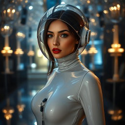A beautiful woman with a very very long neck, portrayed from the body to the hips, dressed in a very tight colorless glossy latex catsuit that accentuates her slim hips and hourglass figure
