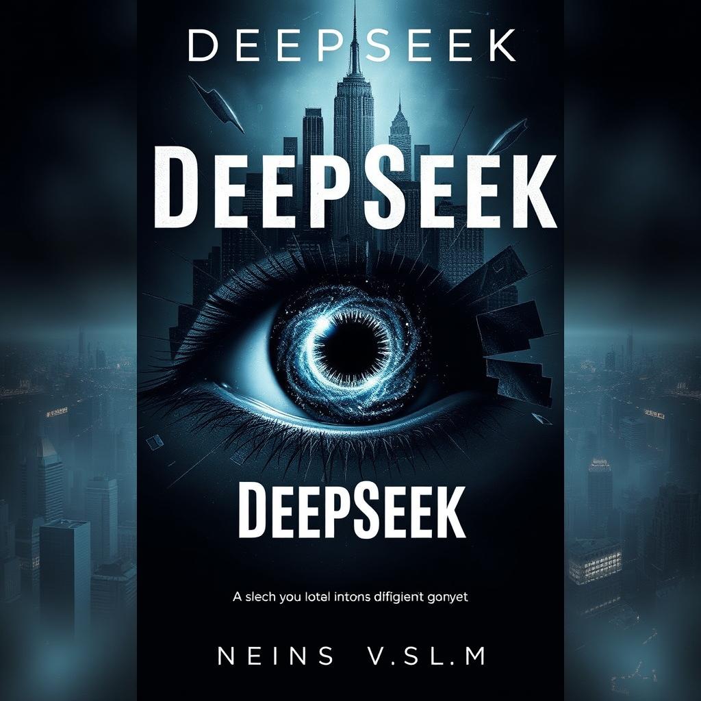 A dark and enigmatic book cover for a dystopian novel titled "DeepSeek