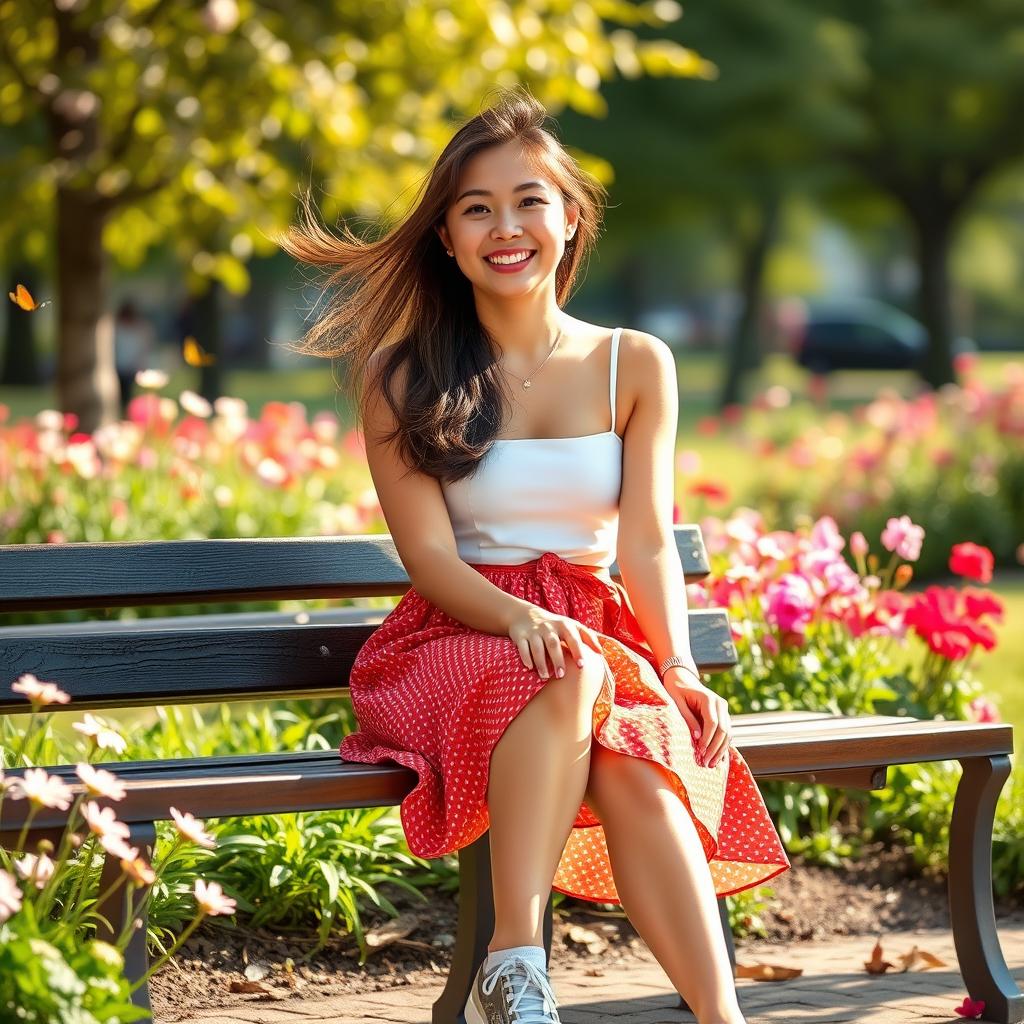a young woman wearing a cute skirt, smiling happily while sitting on a bench in a sunny park, surrounded by blooming flowers and butterflies, the sun casting a warm glow on her features, a light breeze gently flowing through her hair, wearing casual, stylish shoes, with a soft-focus background to accentuate her cheerful expression