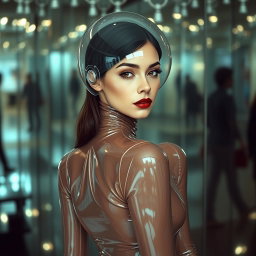 A beautiful woman with a very long neck, shown from the waist up, wearing a very tight, glossy, shiny transparent latex catsuit that highlights her hourglass figure