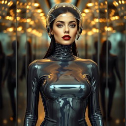 A beautiful woman with a very long neck, shown from the waist up, wearing a very tight, glossy, shiny transparent latex catsuit that highlights her hourglass figure