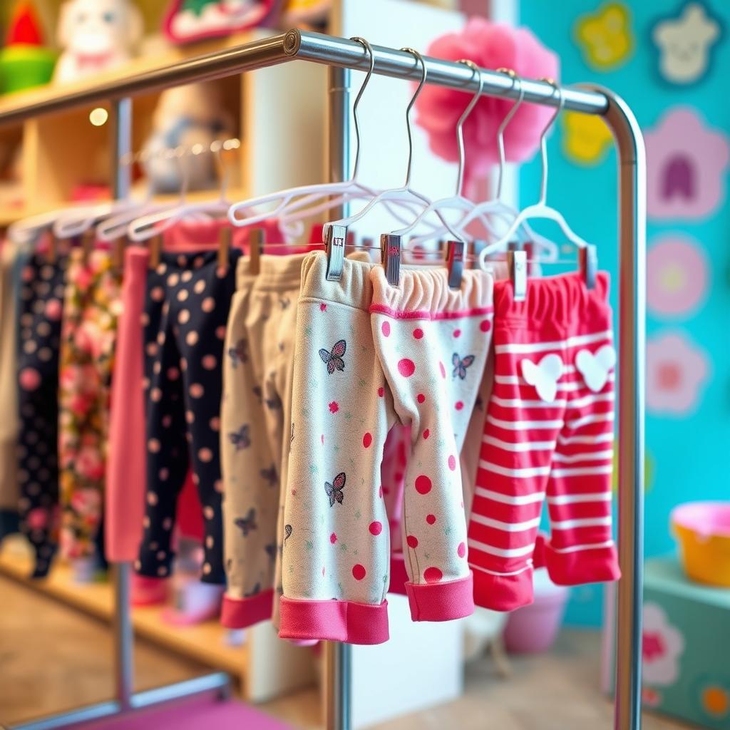 A vibrant scene featuring a collection of stylish child leggings displayed on a clothing rack