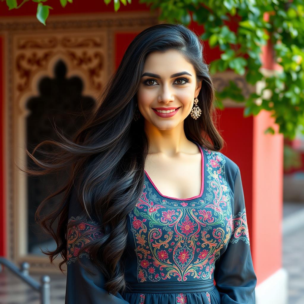 A portrait of a beautiful Lebanese woman standing gracefully against a vibrant backdrop