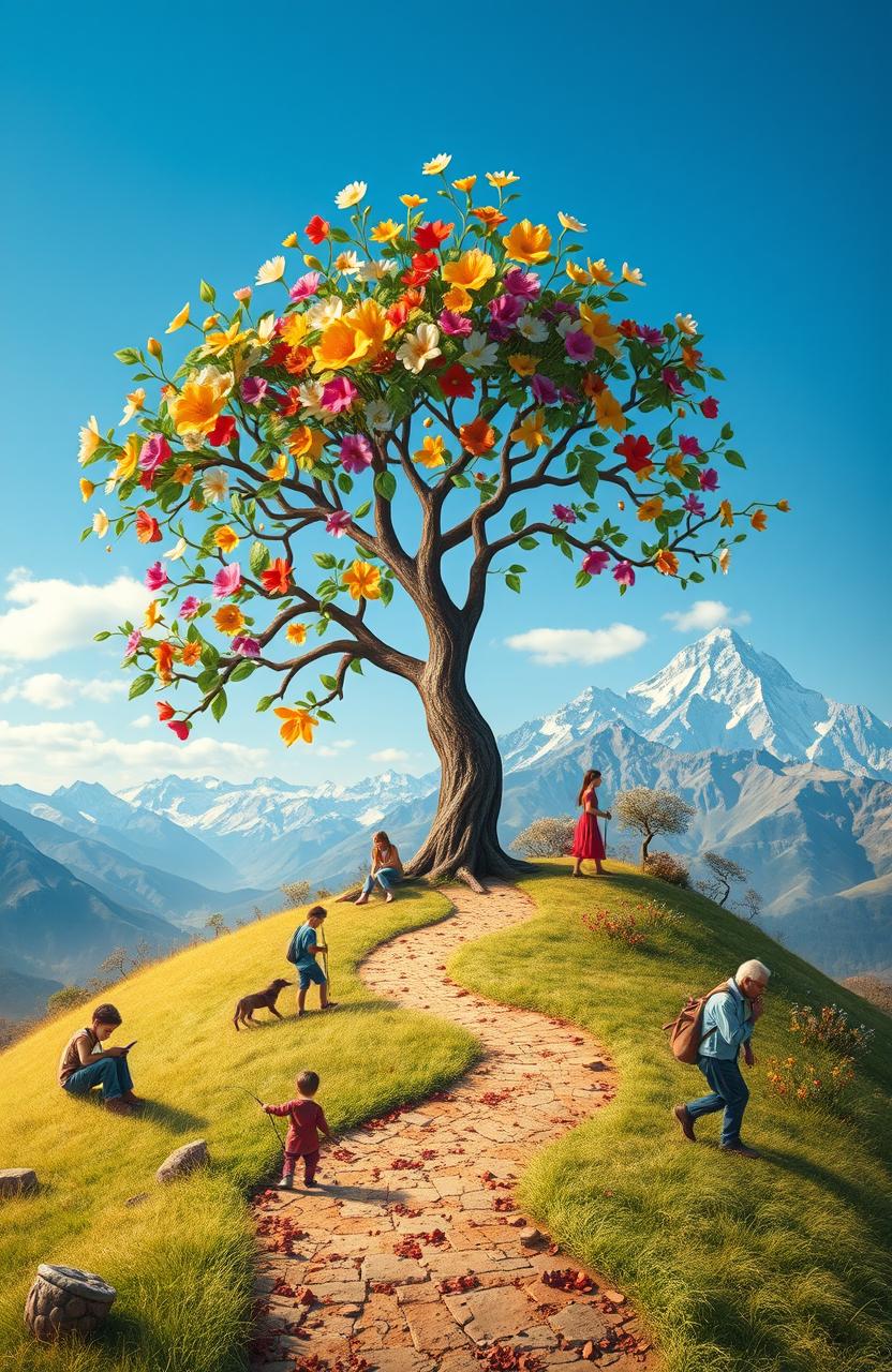 An inspiring visual of a life unfolding symbolically, featuring a blooming tree with vibrant flowers across different stages of life, surrounded by serene landscapes with mountains in the background and a clear blue sky