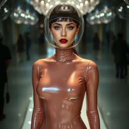 A beautiful woman with a very long neck, shown from the waist up, wearing a very tight, shiny transparent latex catsuit that accentuates her hourglass figure