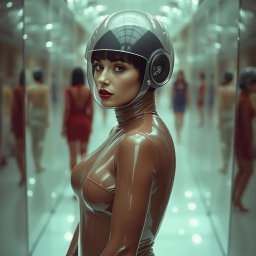 A beautiful woman with a very long neck, shown from the waist up, wearing a very tight, shiny transparent latex catsuit that accentuates her hourglass figure