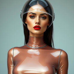 A beautiful woman with a very long neck, portrayed from the waist up, wearing a very tight, shiny transparent latex catsuit that accentuates her figure