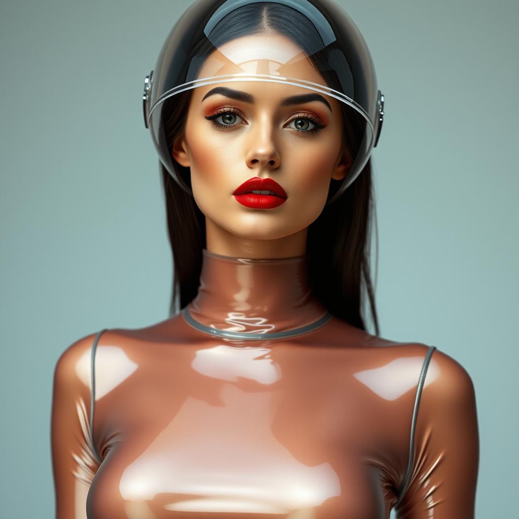 A beautiful woman with a very long neck, portrayed from the waist up, wearing a very tight, shiny transparent latex catsuit that accentuates her figure