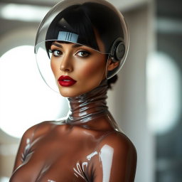 A beautiful woman with a very long neck, portrayed from the waist up, wearing a very tight, shiny transparent latex catsuit that accentuates her figure