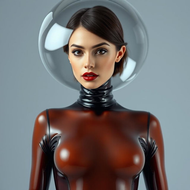 A beautiful woman with a very long neck, depicted from the waist up, wearing a very tight, shiny transparent latex catsuit that accentuates her hourglass figure