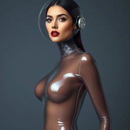 A beautiful woman with a very long neck, depicted from the waist up, wearing a very tight, shiny transparent latex catsuit that accentuates her hourglass figure