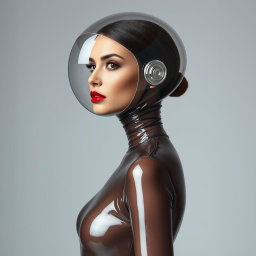 A beautiful woman with a very long neck, depicted in a side view, wearing a very tight, shiny transparent latex catsuit that highlights her hourglass figure