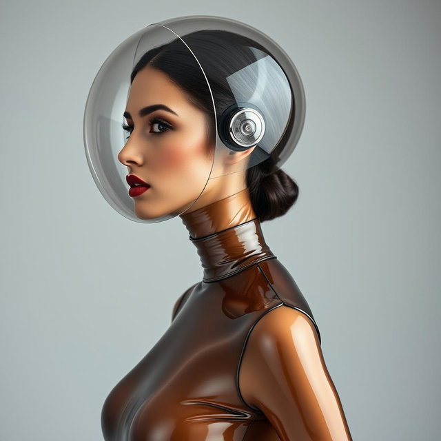 A beautiful woman with a very long neck, depicted in a side view, wearing a very tight, shiny transparent latex catsuit that highlights her hourglass figure