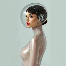 A beautiful woman with a very long neck, depicted in a side view, wearing a very tight, shiny transparent latex catsuit that highlights her hourglass figure