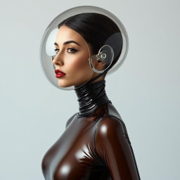 A beautiful woman with a very long neck, depicted in a side view, wearing a very tight, shiny transparent latex catsuit that highlights her hourglass figure