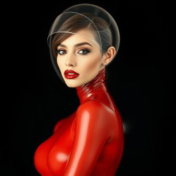 A beautiful woman with a very long neck, presented from a dynamic angle, wearing a very tight and shiny transparent latex catsuit that transitions from red to brown, perfectly showcasing her hourglass body