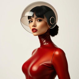 A beautiful woman with a very long neck, presented from a dynamic angle, wearing a very tight and shiny transparent latex catsuit that transitions from red to brown, perfectly showcasing her hourglass body