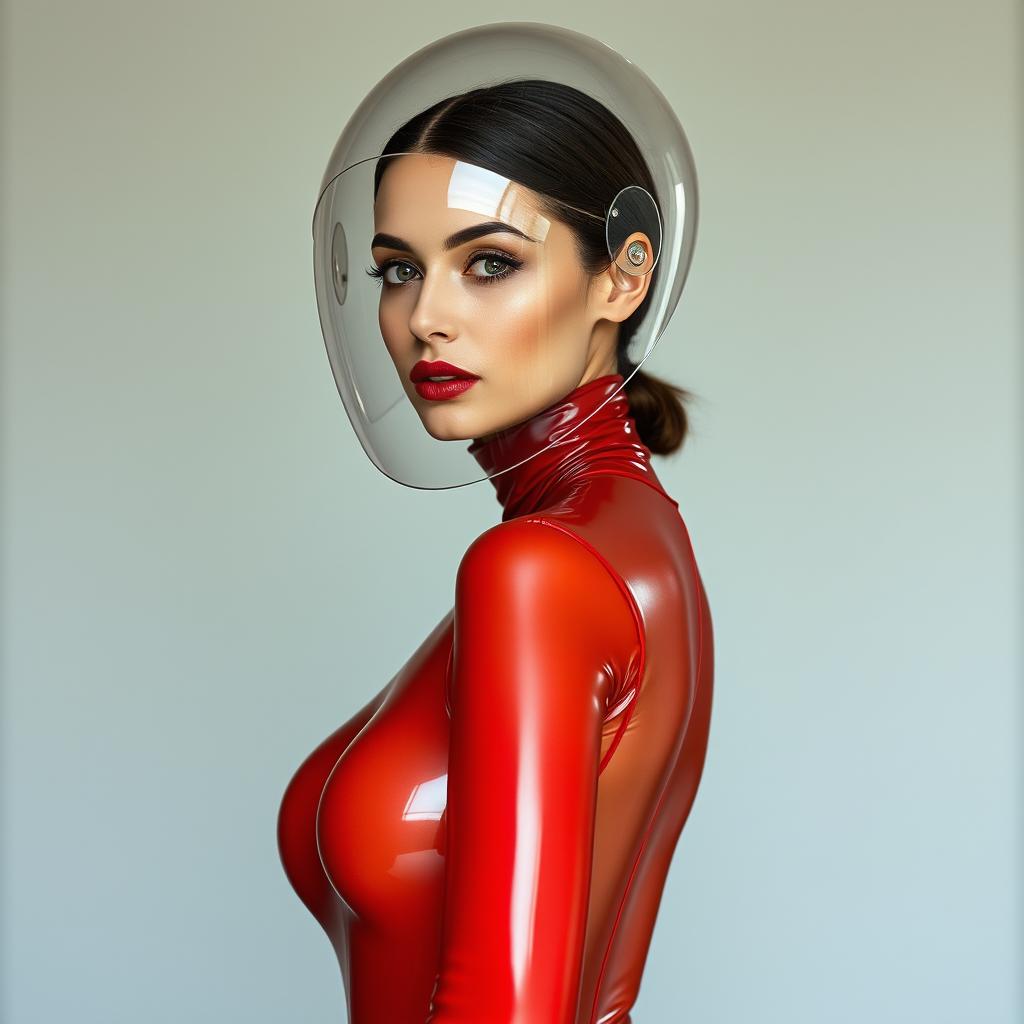 A beautiful woman with a very long neck, presented from a dynamic angle, wearing a very tight and shiny transparent latex catsuit that transitions from red to brown, perfectly showcasing her hourglass body