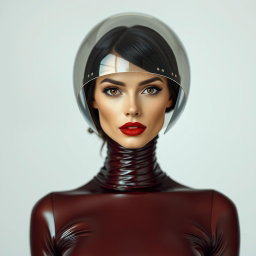 A beautiful woman with an exceptionally long neck, presented in a diagonal front view, wearing a very tight and shiny dark deep red to brown transparent latex catsuit that emphasizes her hourglass shape