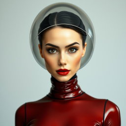 A beautiful woman with an exceptionally long neck, presented in a diagonal front view, wearing a very tight and shiny dark deep red to brown transparent latex catsuit that emphasizes her hourglass shape