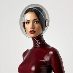 A beautiful woman with an exceptionally long neck, presented in a diagonal front view, wearing a very tight and shiny dark deep red to brown transparent latex catsuit that emphasizes her hourglass shape