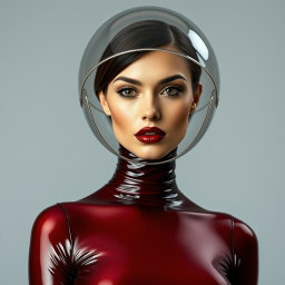 A beautiful woman with an exceptionally long neck, presented in a diagonal front view, wearing a very tight and shiny dark deep red to brown transparent latex catsuit that emphasizes her hourglass shape