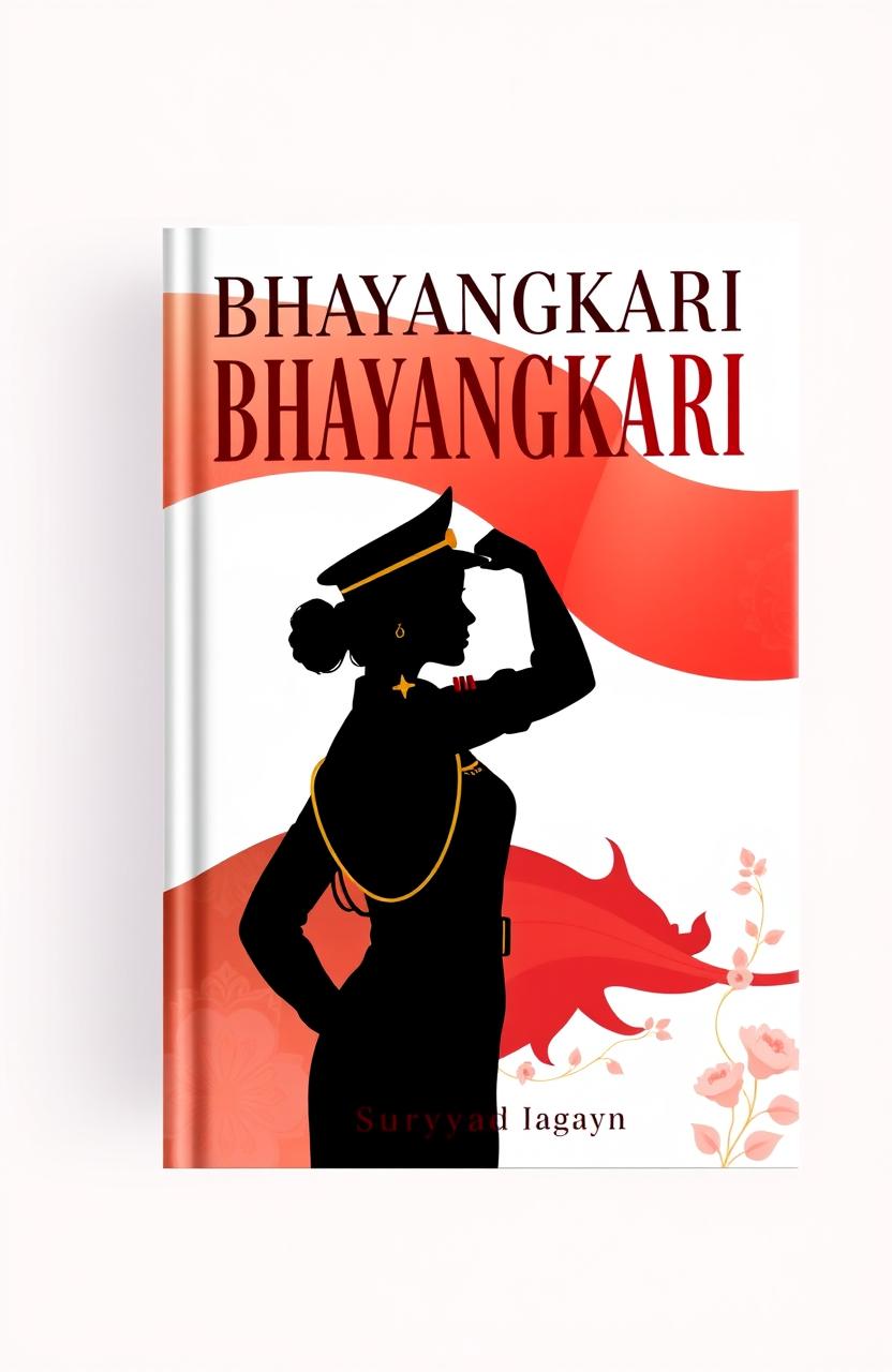 A book cover design themed around Bhayangkari, featuring the silhouette of a woman in military uniform symbolizing strength and dedication
