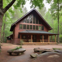 A large retreat camp administration building featuring two functional offices, three cozy bedrooms, a practical kitchen, a spacious dining area able to seat 80 persons, and a warm gathering space centered around a charming fireplace.