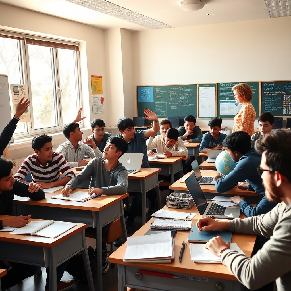 A classroom setting filled with diverse male students actively participating in a lesson