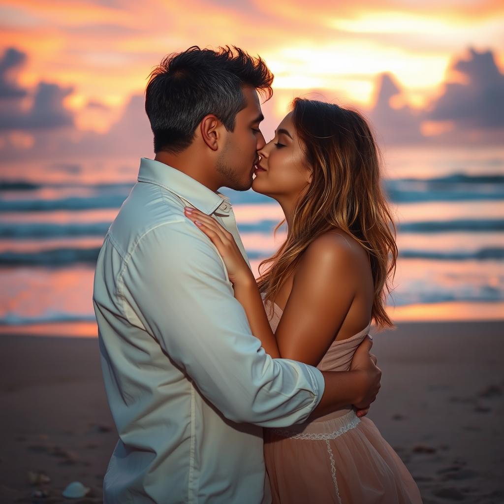 A romantic scene depicting two adults sharing an intimate kiss, with soft lighting highlighting their features