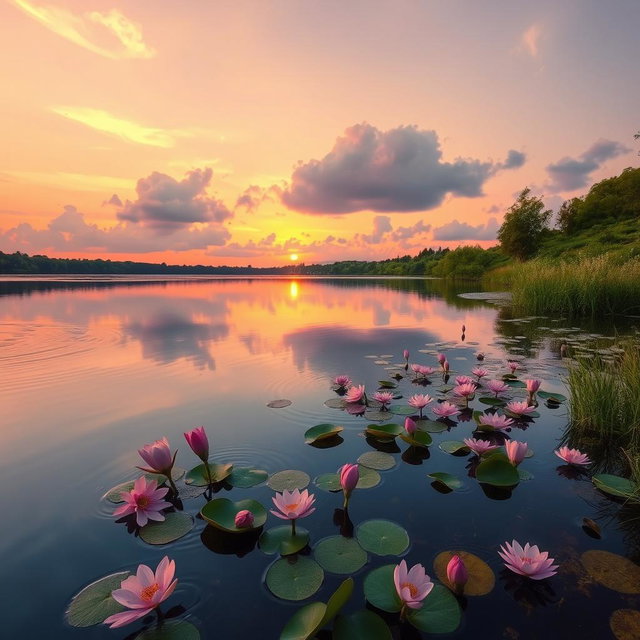 a serene lake at sunset with soft pink flowers floating on the water's surface, surrounded by lush greenery and a gentle breeze creating ripples on the water, the sky painted in hues of orange, pink, and lavender, with fluffy clouds reflecting in the lake
