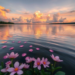 a serene lake at sunset with soft pink flowers floating on the water's surface, surrounded by lush greenery and a gentle breeze creating ripples on the water, the sky painted in hues of orange, pink, and lavender, with fluffy clouds reflecting in the lake