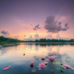 a serene lake at sunset with soft pink flowers floating on the water's surface, surrounded by lush greenery and a gentle breeze creating ripples on the water, the sky painted in hues of orange, pink, and lavender, with fluffy clouds reflecting in the lake