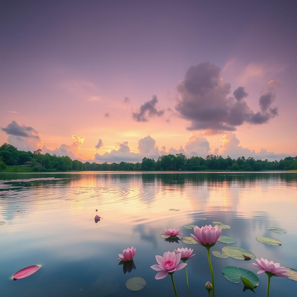 a serene lake at sunset with soft pink flowers floating on the water's surface, surrounded by lush greenery and a gentle breeze creating ripples on the water, the sky painted in hues of orange, pink, and lavender, with fluffy clouds reflecting in the lake