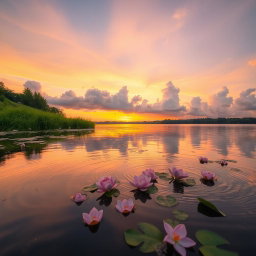 a serene lake at sunset with soft pink flowers floating on the water's surface, surrounded by lush greenery and a gentle breeze creating ripples on the water, the sky painted in hues of orange, pink, and lavender, with fluffy clouds reflecting in the lake