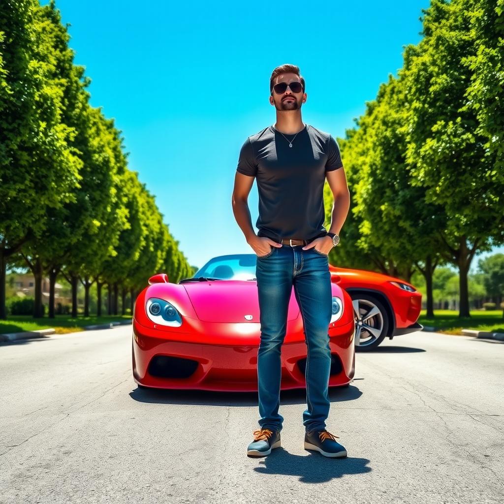 A man confidently standing in the middle of a well-paved road, with a shiny red sports car parked beside him
