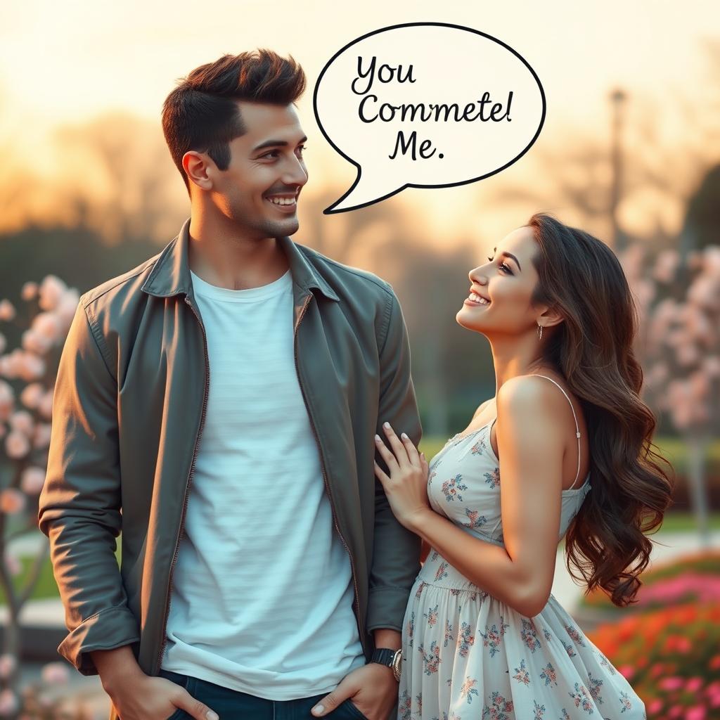A handsome tall man with a chiseled face, aquiline nose, and a well-defined physique, standing next to a beautiful woman with striking features and an elegant appearance