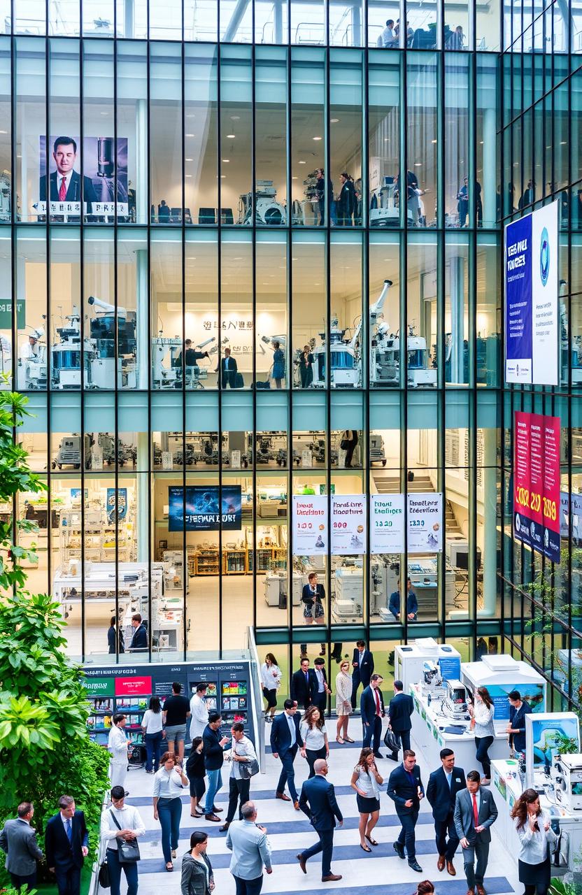 A modern government institution building dedicated to scientific and technological research and development, featuring a sleek glass facade, surrounded by green spaces, with scientists and researchers of diverse backgrounds collaborating on projects